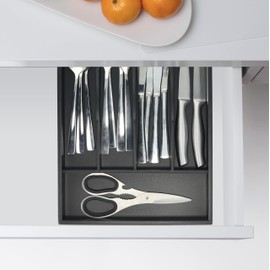 Relaxdays Cutlery Tray, 5 Compartments, Drawer Organiser System, HBD: 4.5 x 34 x 25 cm, Bamboo, Cutlery Organiser, Black