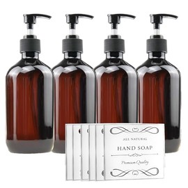 LUMEZING Kit de 4 Dispensadores de Jabon para Baño Vacías con 6 Etiquetas, Envases de Viaje Rellenables para Manos, Sin BPA, 500 ml/16,9 oz (ámbar)
