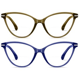 AABV Cat Eye Bifocal Reading Glasses for Women Men Readers,Blue Light Blocking Spring Hinges Eyeglasses （Green and Blue +3.00