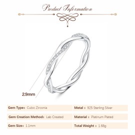 RYANEE Love Rope Infinity Petite Twisted Vine Cubic Zirconia Eternity Band Ring For Women 925 Sterling Silver, Simulated Diamond 14k White Gold Plated CZ Stackable Rings For Her, Wedding Anniversary