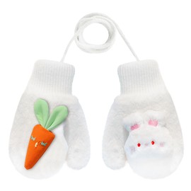 Moonlove Unisex Kids Baby Warm Gloves Hanging Neck Gloves with Cute Furry Cartoon Rabbit Carrot, Thick Plush Outdoor String Mittens Winter Autumn Cold Weather for Girls Boys