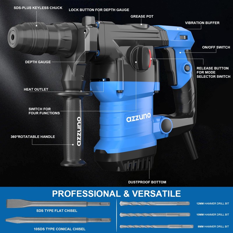 AZZUNO 1-1/4" SDS-Plus 15Amp Heavy Duty Rotary Hammer Drill, 4