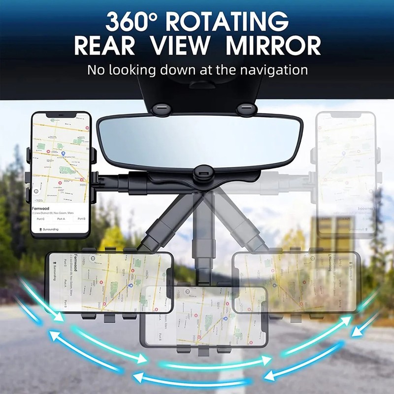 Car Rearview Mirror Phone Mount 360 Degree Rotation Cell Phone