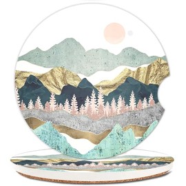 Absorbent Car Coasters 2 Pack for Women/Men,Car Coaster for Drinks,Ceramic Stone Car Cup Holder with A Finger Notch,Summer Mountain