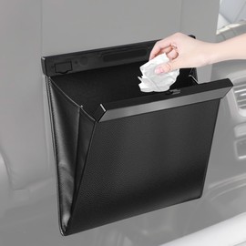 Car Trash Can Slim Rear Seat Hook Type Hanging PU Leather Trash Can for Car Waterproof Never Fall Over Stylish Magnetic Car Supplies Convenient Black