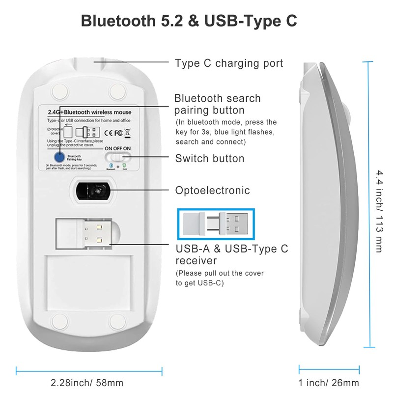 Wireless USB C Mouse for MacBook Air Surface Pro iMac