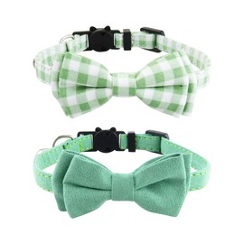 2 Pack Cat Collar with Bow Tie Solid Color Plaid Christmas Cute Kitten Collar Adjustable Soft Elegant Kitten Collar Small with Bell Green