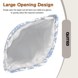 Makeup Bag for Women,Large Quilted Cosmetic Organizer Pouch Cute Floral Cotton Make up Bag Puffy Portable Travel Toiletry Bag Zipper Waterproof Storage Bags,Light Blue Flower