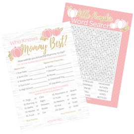DISTINCTIVS Pink Little Pumpkin Girl Baby Shower Games – Who Knows Mommy Best and Word Search 2-Game Bundle, 20 Dual-Sided Cards for Autumn Girl Baby Shower