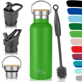 Milu Stainless Steel Drinking Bottle 350 ml 500 ml 750 ml 1000 ml (+ 3 Lids) Thermos Bottle with Straw, Insulated Water Bottle, Leak-Proof Insulated Flask, Double-Walled (Apple Green, 500 ml)