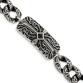 The Black Bow Stainless Steel Black Agate Antiqued Fancy Link Cross Bracelet, 9 Inch
