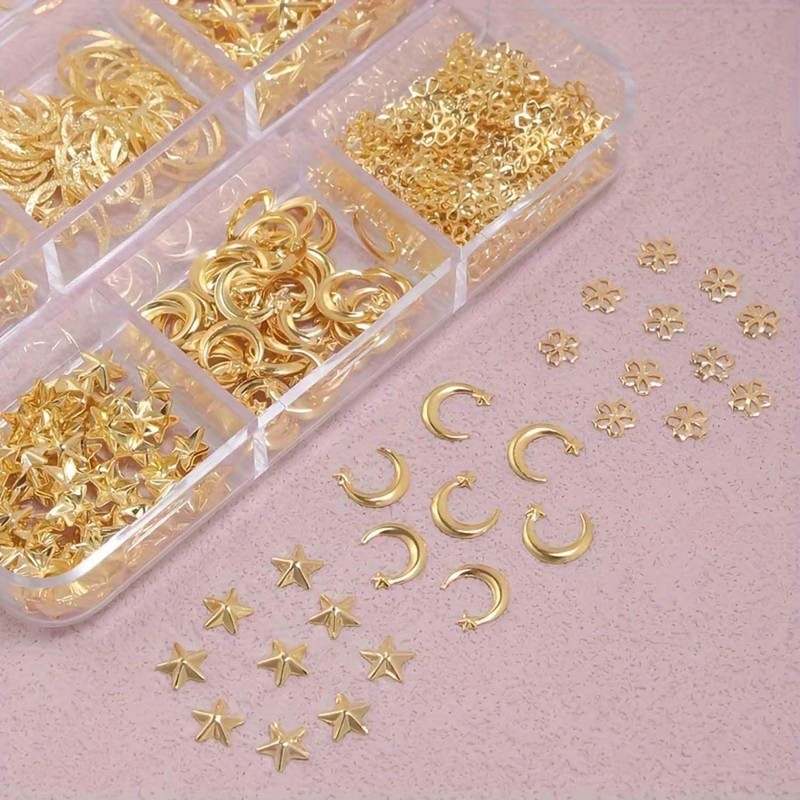 6 Grids/Box Metal Nail Charms - 3D Gold Moon Star