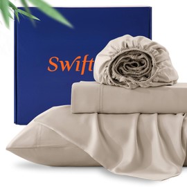 Swiftify 100% Organic Viscose Derived from Bamboo, 4-Piece King Bed Sheet Set, Ultra Soft & Luxuriously Cooling Sheets, Deep Pocket Fits 16" Mattress, Perfect for Hot Sleepers, Sand
