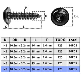 Pack of 60 Screws Black M5 x 30 mm Wood Screws Tapping Screws Black Galvanised Pan Head Screws Flat Head Self Tapping with Washer for Acoustic Panels 304 Stainless Steel Torx Flat Head Screws