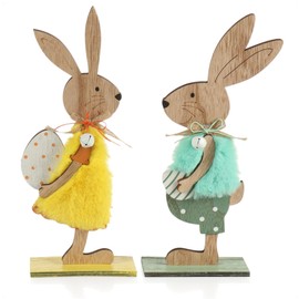com-four Set of 2 Decorative Stands for Easter, Easter Bunny Pair with Easter Egg, Two Easter Bunnies, Wooden Easter Decoration (2 Pieces, Yellow / Blue)