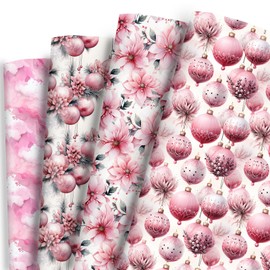 Dtiafu Pink Christmas Wrapping Paper Bundle 4 Watercolor Floral Gift Wrap Paper for Christmas Wedding Baby Shower, 20 X 28 Inch, Folded Flat (8 Sheet)