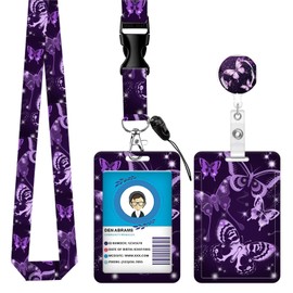 OZVE ID Badge Holder with Retractable Badge Reel Clip and Lanyard, Cute Card Name Tag Lanyard Vertical ID Protector Bage Clips for Nurse Doctor Teacher Student(Purple Butterfly)