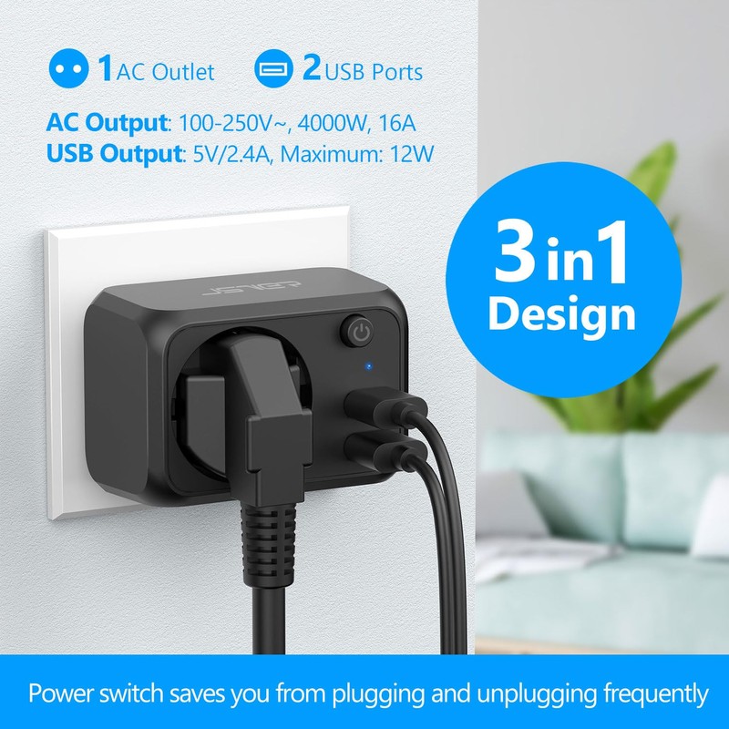 JSVER USB Socket 4000 W Socket Adapter USB Multiple Socket