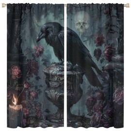 DIPQIMI Gothic Skull Flower Blackout Curtains, Crow Bird Curtains Rod Pocket Thermal Insulated Window Drapes for Bedroom/Living Room, 2 Panels, Each 42W x 84L