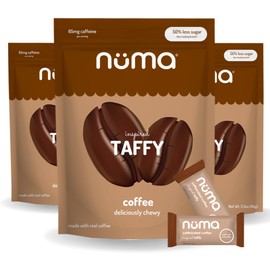 Numa Foods Coffee Chews - Caffeinated Taffy Candy, Low Sugar, High Protein, Low Calorie, All Natural & Gluten Free Candy with Caffeine - 3 Bags with 10 Coffee Candies Individually Wrapped