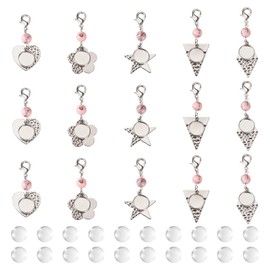 PandaHall 20pcs 304 Stainless Steel Blank Bezel Charms Trays Pendants Dome Cabochons Setting Flower Heart Dangle with Lobster Clasps for Keychains Jewelry Making