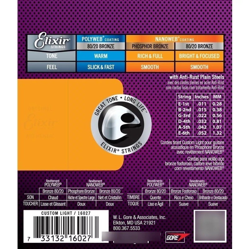 Elixir Phosphor Bronze 11-52 Cuerdas Guitarra Acústica 16027