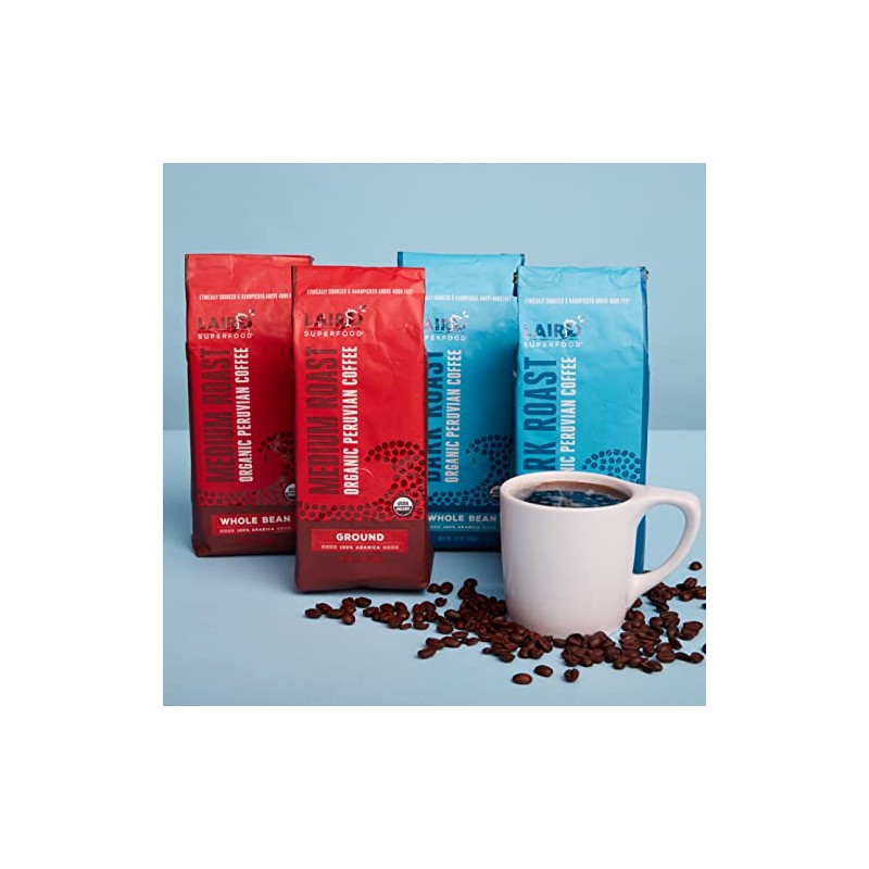 Laird Superfood Peruvian Medium Roast Caffeinated Whole Bean Coffee, Ethically