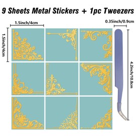 CRASPIRE 9Pcs Floral Edge Tiles Gold Metal Stickers 1.5 x 1.5in Decal with Tweezer Border Corner Waterproof Self-Adhesive Decorate Sticker for Scrapbooks DIY Crafts Phone Decor Card Making