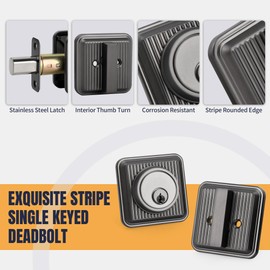 LOQRON Stripes Style Single Cylinder Deadbolt, Square Heavy Duty Keyed Deadbolt Lock for Exterior Entrance Front Door Security, Antique Nickel