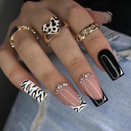 TBRZTR Leopard Press on Nails Medium Length Black French False Nails Rhinestones Design Full Cover Coffin Nails Ballet Shaped Stick on Nails Acrylic Artificial Nails DIY Glue on Nails for Women 24Pcs