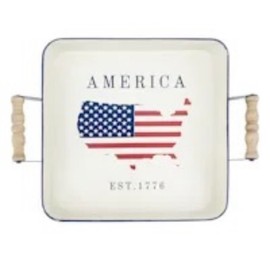 American Flag Decorative Serving Tray, Patriotic Design with Wooden Handles, USA Map Est. 1776