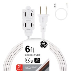 GE 50355 - Cable de extensión de 3 salidas con múltiples tomas, cable de extensión de 6 pies, paquete de 2 unidades, calibre 16, cubiertas de salida de seguridad, cable de extensión para exteriores,