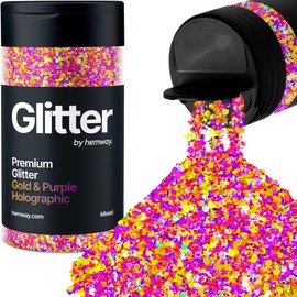Hemway Premium Glitter Shaker - Gold Purple Holographic | Mixed Size Metallic Flake Sequins for Resin & Epoxy Crafts | Craft Supplies for Tumblers, Festival, Hair, Face, Body, Eye & Nail Art | 105 g