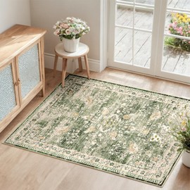 RELEANY Lavable Alfombra, 60 x 90 cm Floral Retro Antideslizantes y de Baja Pelusa Alfombras, Tapetes para Sala Dormitorios, Verde