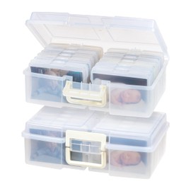 IRIS USA 4" x 6" Photo Storage Box Craft Keeper, 2-Pack, Transparent Handle Container with 12 Organization Holder Cases for Pictures, Tasks, Scrapbooking, Ephemera, Stationery Storage, Clear