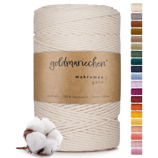 goldmariechen Premium Macrame Yarn (Natural), 3 mm x 200 m,
