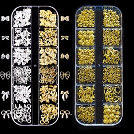 LenKeda 2 Case Nail Parts, Gold & Silver, Star Moon Sun Ribbon Butterfly Design, 3D Dimensional, Nail Art, DIY Set, Deco Parts, Gel Nail Parts, Nail Art Parts, Craft Materials, Jewelry Parts, Metal