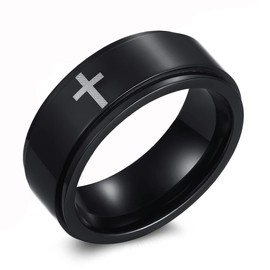 ANIEJUFI 8MM Stainless Steel Cross Christian Ring Classic Plain Spinner Wedding Band for Men Women Black Size 12
