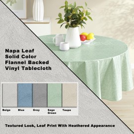 Newbridge Sage Napa Leaf Solid Color Vinyl Flannel Backed Tablecloth, Hotel Quality Indoor/Outdoor Patio, Kitchen, BBQ, Dining Room Vinyl Tablecloth, 70” Round