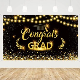 MEHOFOND 6x3.6ft Black and Gold Graduation Backdrop 2025 Congrats Grad Party Photography Background for High School and College Celebrations Bachelor's Cap Wheat Ear Glitter Decor Photo Props