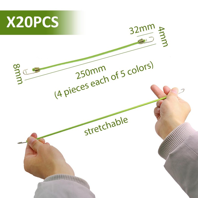 Pack of 20 Bungee Cords with Hooks, Latex Elastic Cords,