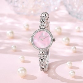 LANZOOM Women's Quartz Watch, Silver Round Diamond Pink Nacre Dial, Adjustable Jewelry Clasp with Zirconia-Encrusted Strap