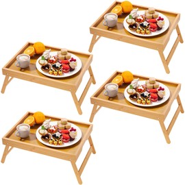 Fibogollo 4 Pack Bamboo Bed Tray Table with Folding Legs,Breakfast Trays,Serving Tray for Food and Snack,Laptop Trays for Working(Natural)