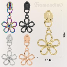 Framendino, 10 Pack Zipper Pulls #5 Rainbow Flower Metal Replacement Sliders for Purse Bag Luggage 5 Color