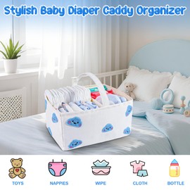 HOMIGLAM Baby Diaper Caddy Organizer with Handle - Durable Canvas Storage Basket with Cloud Embroidery, Portable Nursery Organizer for Newborn Essentials, Diaper Travel Bag, Baby Shower Basket-Blue