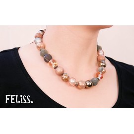 Feliss Handmade Necklaces Made of Pearls, Women's Statement Necklace, 45 cm Long, Choker Necklace, Aesthetic Necklace Jewellery. Beads Pearl Necklace for Women in Beige with Ceramic Beads, Ceramic,