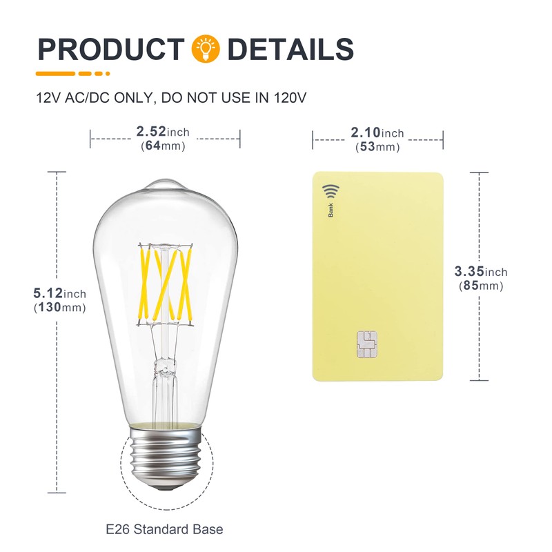 TOKCON 12V LED Edison Light Bulbs - Daylight 5000K 6W(Only
