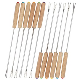 Stainless Steel Barbecue Fork, Fondue Fork, Set of 12 Fondue Forks with Wooden Handle, Fondue Cutlery Made of Stainless Steel, Fondue Skewers 24 cm Length (Stainless Steel: Silver)