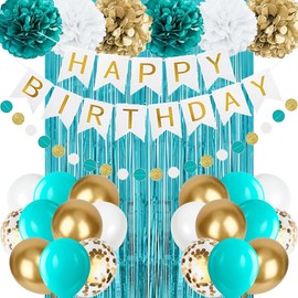 Birthday Decoration Teal Blue, Children's Birthday Decoration Girl Boy, Birthday Party Decoration Teal Blue Gold Balloons, Happy Birthday Banner, Pompoms for Men Women Birthday Party Decoration