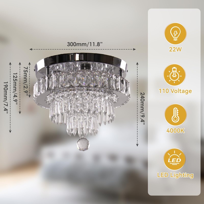 Finktonglan 11.8" Dimmable Crystal Ceiling Light with Remote, Mini Flush